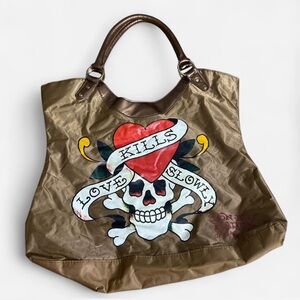 Ed Hardy Brown Tote with Red Heart Skull Graphic